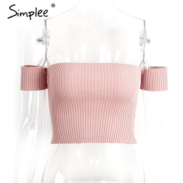 Simplee Sexy slash neck knitted top tees Women black short sleeve bustier crop top Party white tops tank slim female camisole