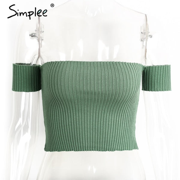 Simplee Sexy slash neck knitted top tees Women black short sleeve bustier crop top Party white tops tank slim female camisole