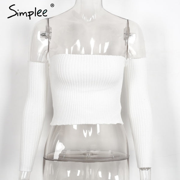 Simplee Sexy slash neck knitted top tees Women black short sleeve bustier crop top Party white tops tank slim female camisole