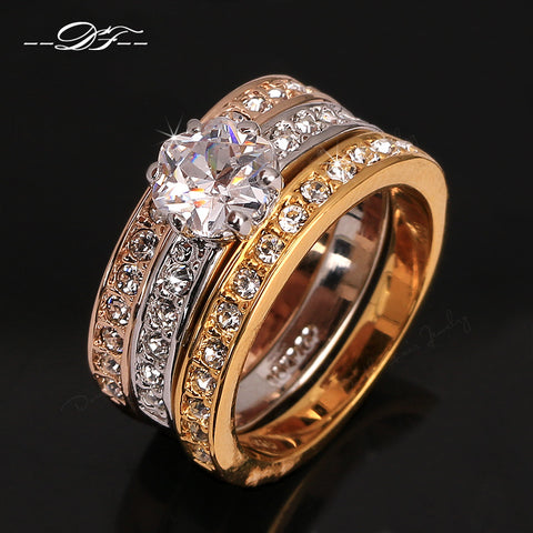 Anti Allergy 3 Rounds Cubic Zirconia Paved Engagement Rings Sets Rose Gold Color Crystal Wedding Jewelry For Women Anel DFR107