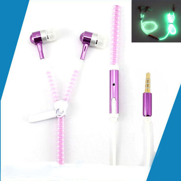 1.2m Earphones Luminous Headphones with Microphone Metal Zipper Glowing in the Dark 3.5mm for Iphone Samsung Xiaomi Headset