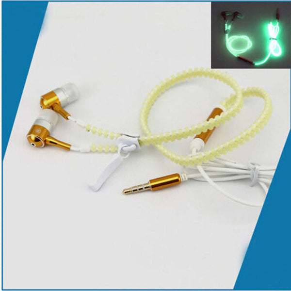 1.2m Earphones Luminous Headphones with Microphone Metal Zipper Glowing in the Dark 3.5mm for Iphone Samsung Xiaomi Headset