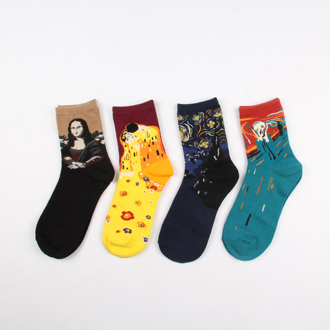 Free Shipping Fashion Art Combed Cotton Crew Women Socks Painting Creative Design Lovers socks Mona Lisa Van Gogh Starry Night