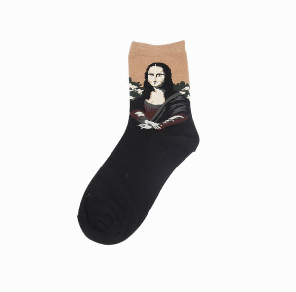 Free Shipping Fashion Art Combed Cotton Crew Women Socks Painting Creative Design Lovers socks Mona Lisa Van Gogh Starry Night