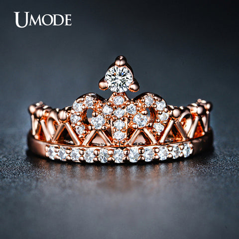 UMODE 2016 New Arrival Anillos Wholesale Rose Gold Color Round Cut Cubic Zirconia Fashion Crown Rings For Women Jewelry AUR0217