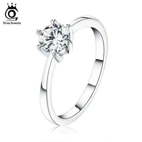 ORSA JEWELS 2017 Popular Girls Finger Ring Austrian Cubic Zirconia Solitaire Ring, Silver Color Ring for Wedding OR01