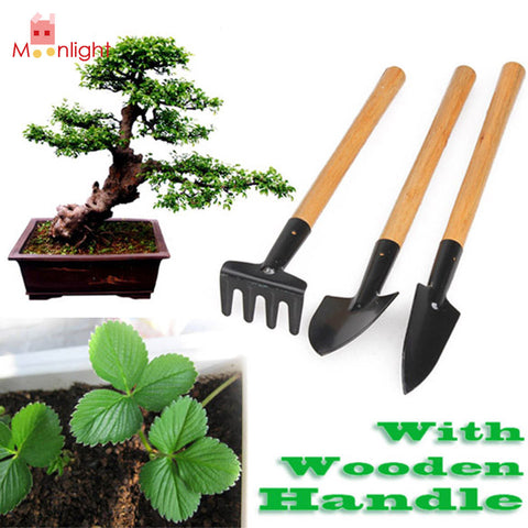3pcs Mini Garden Plant Tool Set With Wooden Handle Gardening Tool Shovel Rake