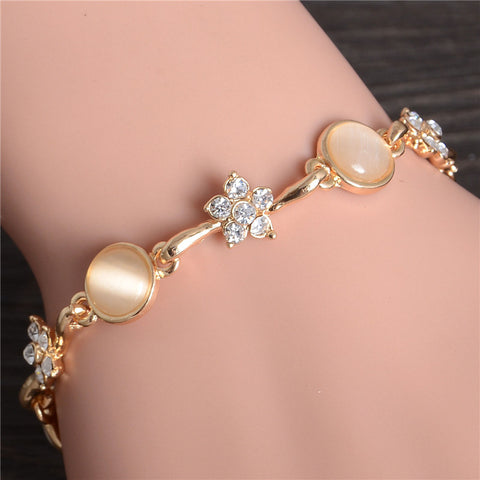 ZOSHI 2017 New Fashion Gold Color Charm Bracelet For Women Flower Bracelet Natrual Cats's Eye Stone Crystal Beads Diy Jewelry