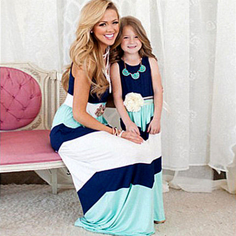 Summer Style Family Matching Outfits mother daughter dresses Contrast Color blue A-Line Dress Ankle-Length mother & kids clothes