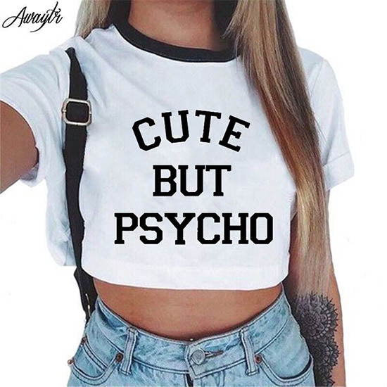 Awaytr Women's Summer Letter Printed Crop Top 2017 Short Sleeve Cotton T Shirts Brand New Casual Tees Cute Cropped Top