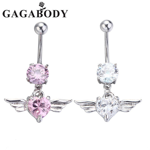 Valentine's Day Newest Silver-color Navel Belly Button Ring Rhinestone Bar Heart Angel Belly Piercing Body Jewelry 2017