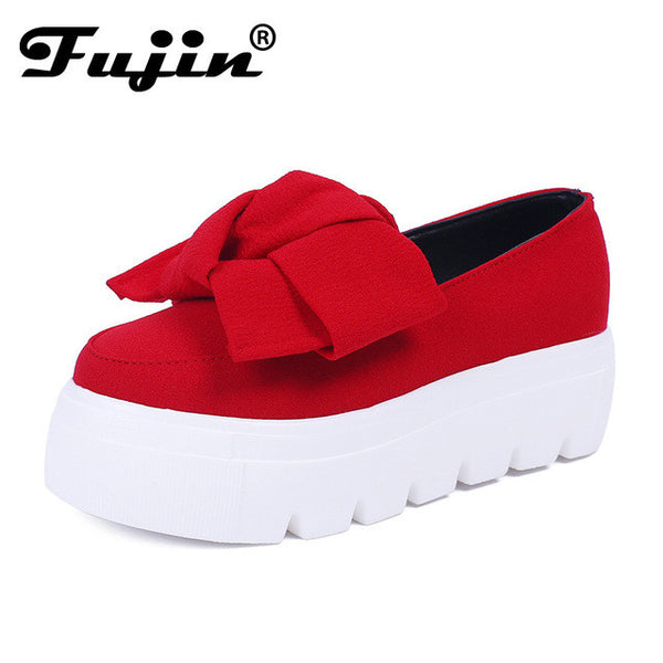 fujin 2017 Autumn spring  moccasin womens flats Fashion creepers shoes Bow lady flats loafers Ladies Slip On Platform 5CM Shoes