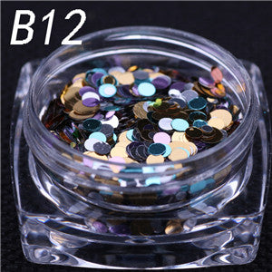 12 colors 1g/ box Nail Art Glitter ROUND Shapes Confetti Sequins Acrylic Tips UV Gel B Style Nail Art Metal Wheel