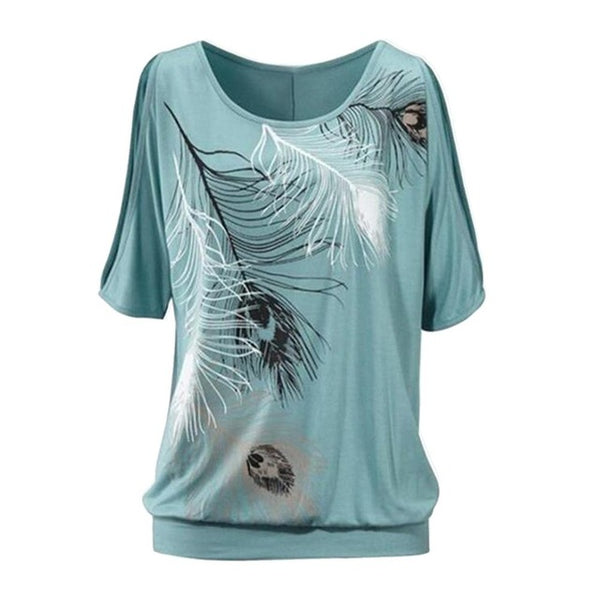 Women Summer T shirt Casual Tops Short Sleeve T-shirts Feather Printed Off Shoulder Shirts O-Neck Loose Tops Blusas Femininas