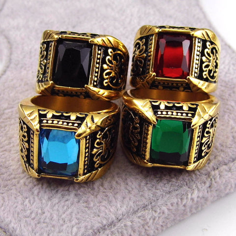 Brand Jewelry Vintage Antique Gold Color Crystal Ring For Men Stainless Steel Big Square Stone Finger Ring Male Men Jewelry