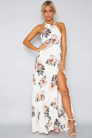 Summer Women Beach Long Dress Sleeveless Halter Floral Print Retro Backless Bohemian Maxi Dresses