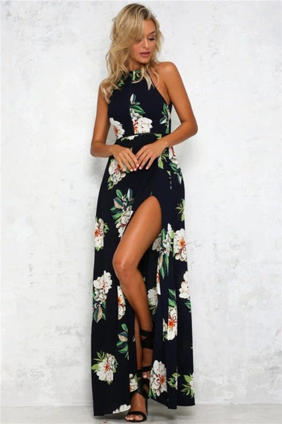Summer Women Beach Long Dress Sleeveless Halter Floral Print Retro Backless Bohemian Maxi Dresses