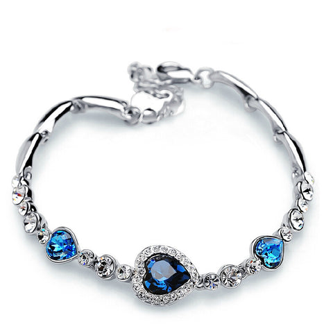 Stylish Women New Fashion Ocean Blue Sliver Plated Crysta Imitation Rhinestone Heart Charm Bracelet Bangle Gift Jewelry