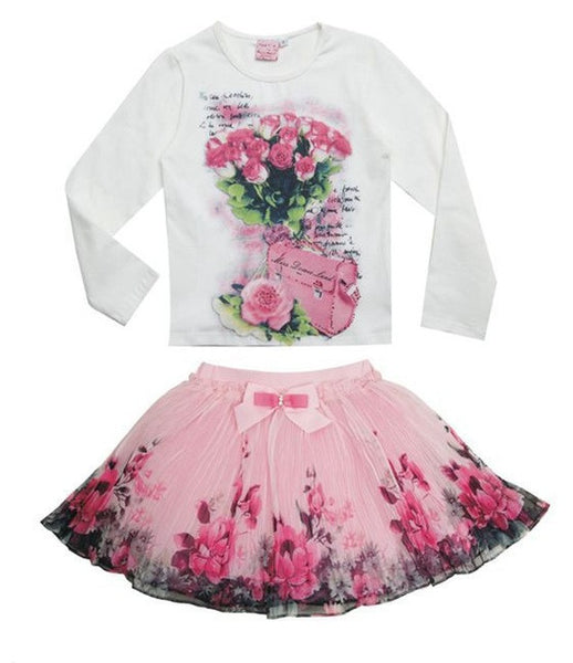 New Fashion 2017 domeiland Outfits Sets For Cute Kids Girl Print Floral Long Sleeve Shirts Tops+Tutu Skirts Sets Bow Clothes