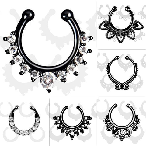 Trendy crystal Fake septum Piercing nose ring Black Hoop nose For Women faux body clip Rings clicker non Body Jewelry wholesale