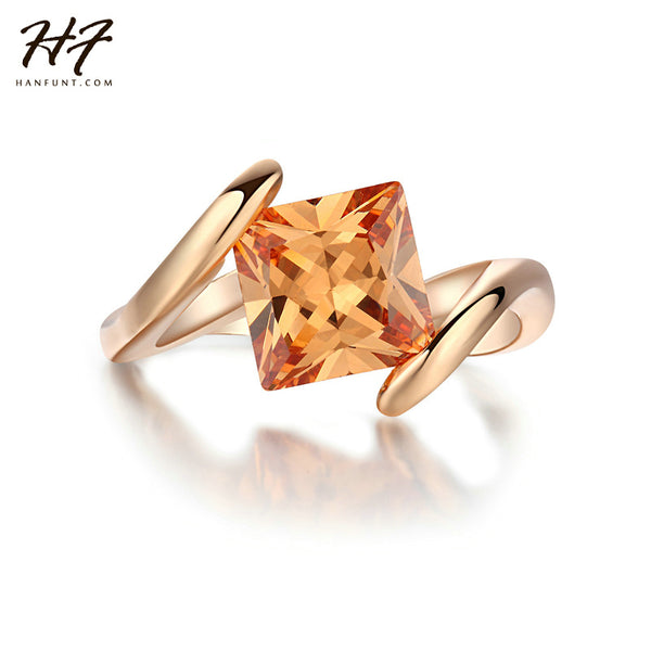 Square Orange Crystal Rings Rose Gold Color Fashion Brand Yellow Cubic Zirconia Jewelry Halo Engagement Rings Bijoux R419