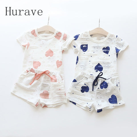 2pcs/sets,Casual Kids Clothing Baby Girls Clothes Sets Summer Heart Printed Girl Tops Shirts + Shorts Suits Children's Clothing