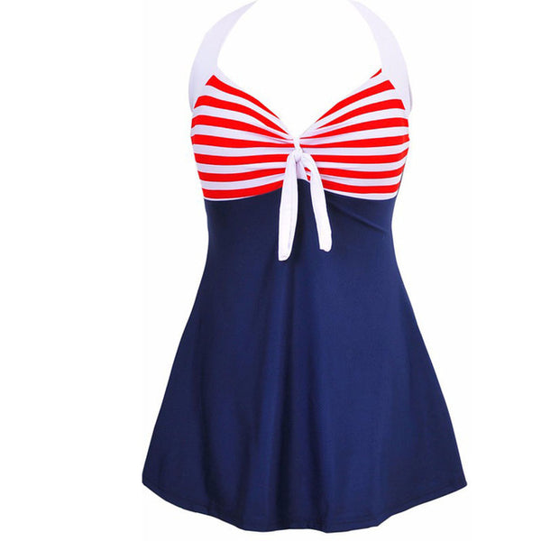 Sexy Plus Size Stripe Padded Halter Skirt Swimwear Women One Piece Suits Swimsuit Beachwear Bathing Suit Swimwear Dress M To 4XL