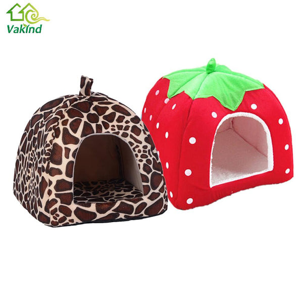 Soft Comfortable Pet Cat House Leopard Strawberry Dog Bed Foldable Puppy Dog House Cute Animal Kennel Nest Dog Cat Bed