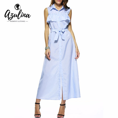 AZULINA Casual Blue Striped Long Shirt Summer Dress with Belt Cold Shoulder Cute A Line Women Ruffles Maxi Dress Split Sundress