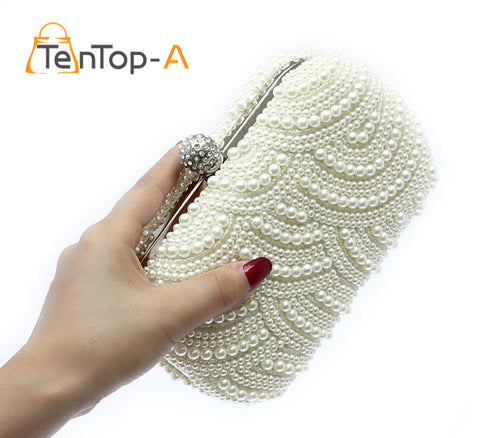 TenTop-A Two Sided Beaded Fashion Exquisite Beaded Evening Bag Noble Elegant Pearl Clutches Bags Shoulder Party Bags White Pearl