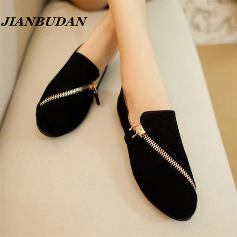 JIANBUDAN flat shoes women 2017 new spring shoes  casual and comfortable flat shoes size 35-40 Black / brown  Zipper rest shoes