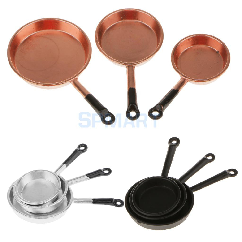 1/12 Scale 3pcs Dollhouse Miniature Metal Frypan Frying Pans Cooking Pot Cookware Kitchen Accessory