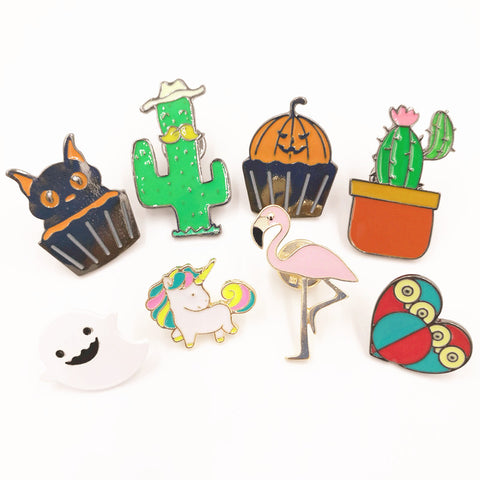 Timlee X147 Cartoon Cute Halloween Ghost Pumpkin Cup Cake Cat Flamingo Bird Owl Heart Unicorn Cactus Metal Brooch Pins Wholesale