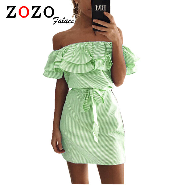 Falacs Zozo Summer Women Casual Sexy Fashion Dresses Straight Striped Ruffles Mini Butterfly Sleeve Slash Neck Dress Vestidos