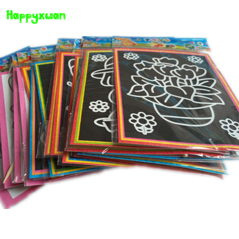 Happyxuan 20pcs/lot 13*9.5cm Two-in-one Magic Color Scratch Art Paper Coloring Cards Scraping Drawing Toys for Children