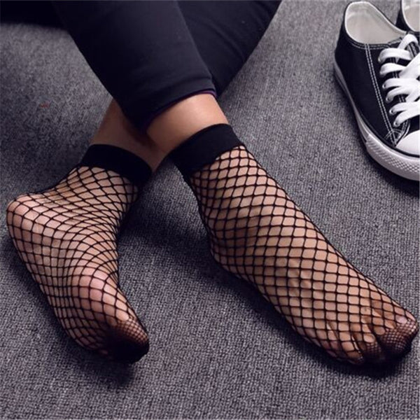 Punk Women Girls Sexy Black Hollow Out Breathable Mesh Fishnet Socks Female Gothic Stretchable Short Hosiery Ankle Socks