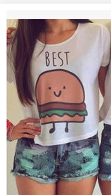 CWLSP Women T-shirt Short Sleeve Crop Top Hamburger Chips BEST FRIEND print T Shirt 2017 Hot Sale Friendship Tops t-shirt QA616