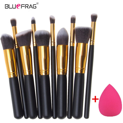 BLUEFRAG Mini 10pcs Makeup Brushes Foundation Blending Blush Make up Brush  + 1 Water Sponge Cosmetics Puff, Beauty tool Kit Set