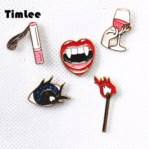 Timlee X202 Cartoon Vampire Month Red Wine Match Eye Cigarette Design Metal Brooch Pins Gift Wholesale