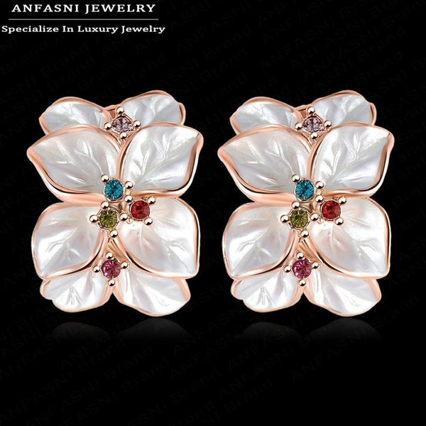 ANFASNI Milan Fashion Design Flower Earrings Rose Golden Color Small Genuine SWA Stellux Crystal Enamel Earring ER0099-A