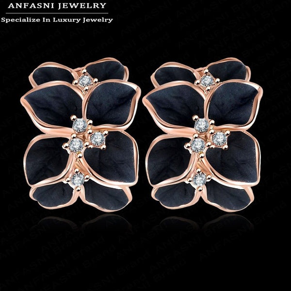 ANFASNI Milan Fashion Design Flower Earrings Rose Golden Color Small Genuine SWA Stellux Crystal Enamel Earring ER0099-A