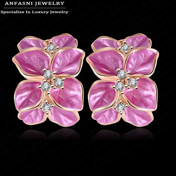 ANFASNI Milan Fashion Design Flower Earrings Rose Golden Color Small Genuine SWA Stellux Crystal Enamel Earring ER0099-A