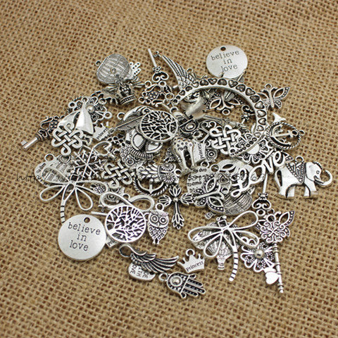 PULCHRITUDE 100pcs/lot Mixed Antique Silver European Bracelets Charm Pendants Jewelry Making Findings DIY Charms Handmade 345