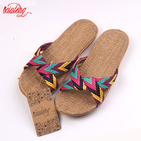 2017 Fashion Flax Home Slippers Indoor Floor Shoes Cross Belt Silent Sweat Slippers For Summer Women Sandals