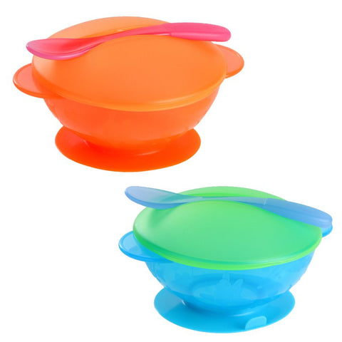 Baby Infant Feeding Bowl With Sucker+Temperature Sensing Spoon+Cover 3Pcs/Set Child Kids Training Bowl Tableware Set 2 Colors