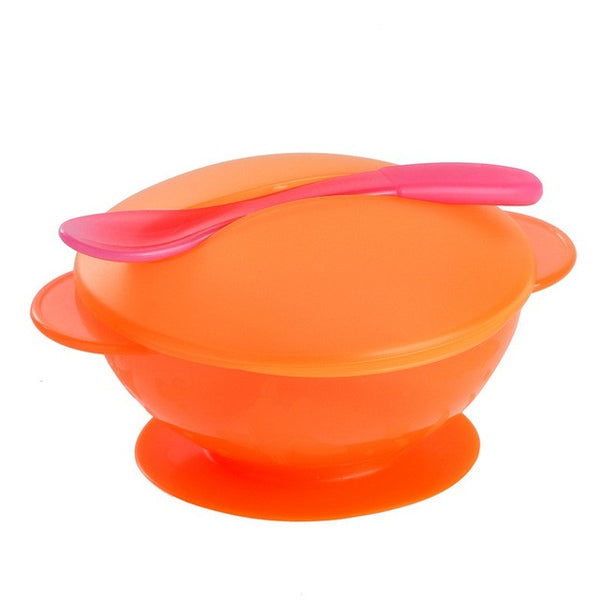 Baby Infant Feeding Bowl With Sucker+Temperature Sensing Spoon+Cover 3Pcs/Set Child Kids Training Bowl Tableware Set 2 Colors