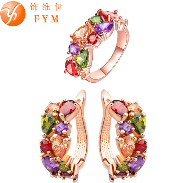 FYM Mona Lisa Colorful Crystal Ring Earrings Rose Gold Color Jewelry Sets for Women Multicolor Jewelry Set Wholesale