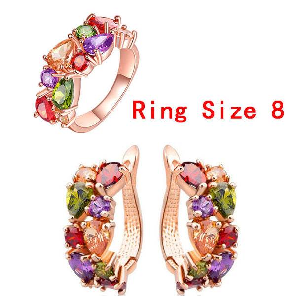 FYM Mona Lisa Colorful Crystal Ring Earrings Rose Gold Color Jewelry Sets for Women Multicolor Jewelry Set Wholesale