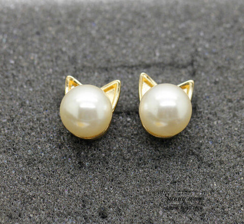 Timlee E068 Free shipping Cute Imitation Pearl Cat Head Studs Earrings  wholesale HY