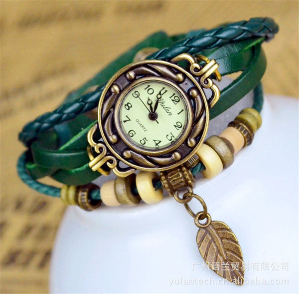 Ouriner Fashion Watch Hot Selling Women Leather Bracelet Watch Women Dress Watches leaf  Vintage  WristWatch No.10